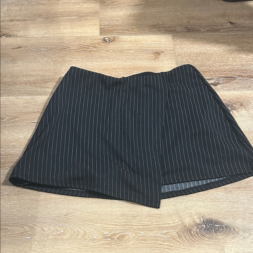Black Pinstripe Asymmetrical Skort